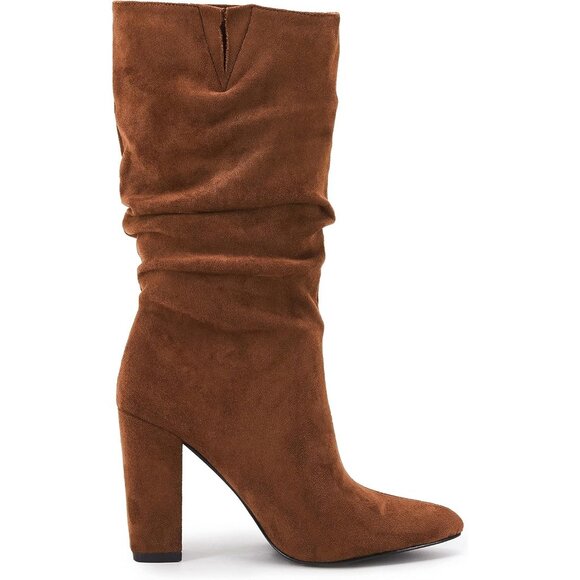 Women's Coffee Suede Mid Calf High Slouchy Chunky Heel Block Pointed Toe Boots - Picture 7 of 8